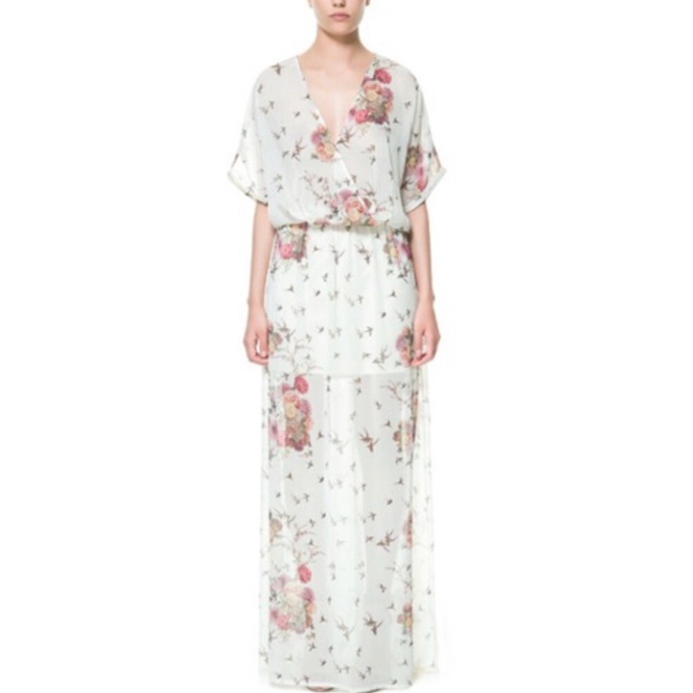 Zara Maxi Dress Sheer Overlay Floral Size Small